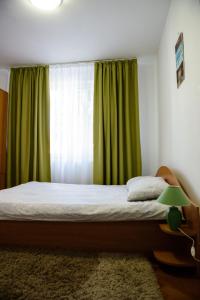 トゥルグ・ジウにあるApartament ca la tine acasaのベッドルーム1室(緑のカーテンと窓付きのベッド1台付)