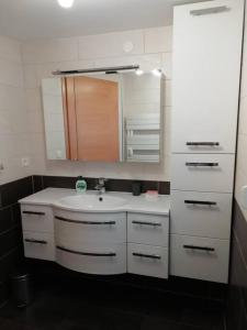 uma casa de banho com um lavatório branco e um espelho. em Gîte HAURY em Cleebourg