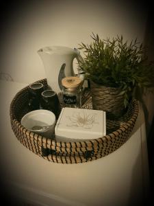 a basket with a book and a plant on a counter at B & B BonVert in Gangelt
