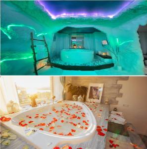 a room with a bath tub and a room with a room at Rooms Apartments in Samara