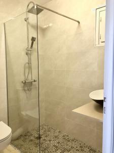 uma cabina de duche na casa de banho com WC em Barcaresa-Charmant T 2 vue mer pied dans l'eau em Le Barcarès