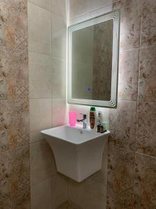 une salle de bains avec un lavabo blanc et un miroir dans l'établissement Rowing Base Apartment, à Plovdiv