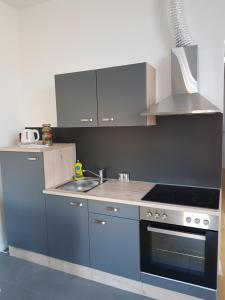 een keuken met een wastafel en een fornuis top oven bij Apartmani Seven App in Zagreb