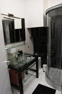 ein Badezimmer mit einem Glaswaschbecken und einer Dusche in der Unterkunft Api Apartment in Zagreb