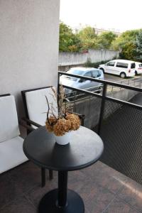 einen Tisch mit Topfpflanze auf dem Balkon in der Unterkunft Api Apartment in Zagreb