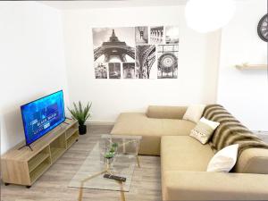 a living room with a couch and a television at APPARTEMENT CHALEUREUX Wifi et parking gratuit in Givet