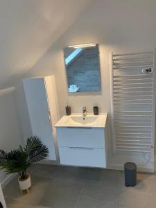 a white bathroom with a sink and a mirror at APPARTEMENT CHALEUREUX Wifi et parking gratuit in Givet