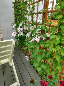 un banco blanco sentado en una terraza de madera con flores en Kamienna Chata, en Urowo