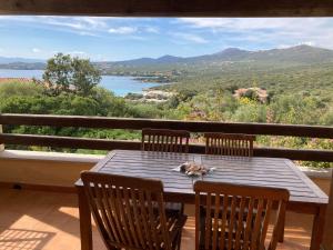 a dog laying on a wooden table on a balcony at Residence Spiaggia Bianca in Golfo Aranci