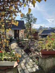 a garden in front of a house with flowers at У вуйка Івана in Yaremche
