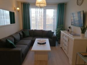 - un salon avec un canapé et une table basse dans l'établissement Romos apartamentai Klaipėdoje, à Klaipėda