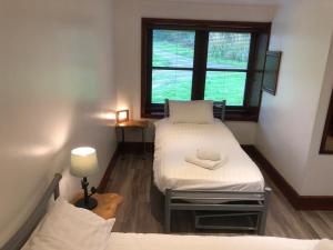 um pequeno quarto com 2 camas e uma janela em Ochiltree cottage em Newton Stewart