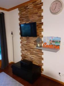a living room with a tv on a stone wall at Appartement dans residence de tourisme in Besse-et-Saint-Anastaise