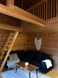 Rukan HonkaLempi في روكا: غرفة معيشة مع أريكة زرقاء وطاولة