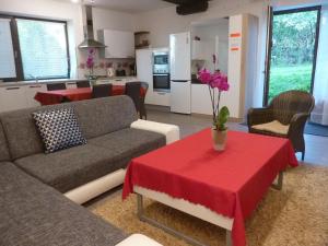 een woonkamer met een bank en een tafel met bloemen erop bij Na hájiku- Veľký apartmán v rodinnom dvojdome, FREE PARKING in Košice