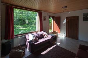 sala de estar con sofá y ventana grande en Lien's Cottage en Bruges