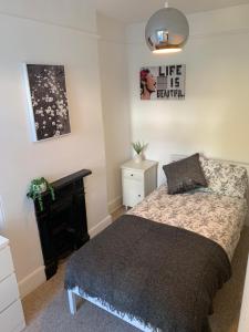 een slaapkamer met een bed en een open haard bij White Heather Terrace in Bovey Tracey