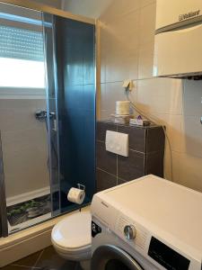 a bathroom with a toilet and a washing machine at City Break Arena Zagreb in Zagreb +33 photos