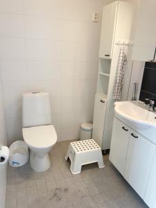 La salle de bains blanche est pourvue de toilettes et d'un lavabo. dans l'établissement Villa Laidike with sauna/fireplace, 80 km Helsinki, à Suomusjärvi