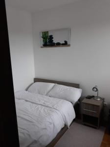 a bedroom with a bed and a table with a lamp at Apartman Kraljevi cardaci 5b-32 in Kopaonik +17 photos