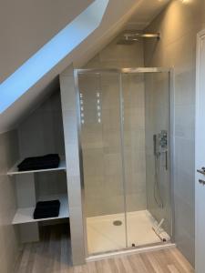 a bathroom with a shower in the attic at Peartree Lodge in Cambourne