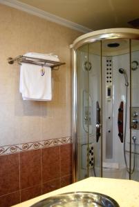 a bathroom with a shower with a white towel at Hotel HHB Pontevedra Confort in Pontevedra