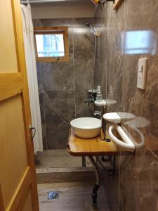 y baño con lavabo y ducha. en Posada del Buscador en El Bolsón