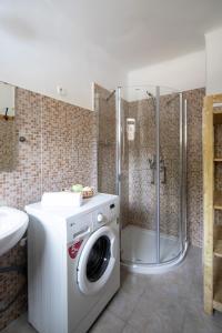 バラトンアカラッチャにあるOliva 8 fős Balatoni Nyaralóのバスルーム(シャワー付)の洗濯機が備わります。