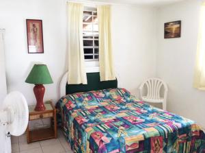 Un dormitorio con una cama con un edredón colorido y una ventana en Rest Haven Beach Cottages, en Saint Joseph