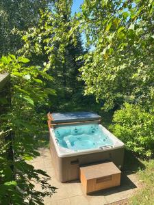 una bañera de hidromasaje en medio de árboles en Chalet «L'Autrichien» de Charlevoix en Petite-Rivière-Saint-François