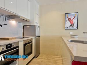 a kitchen with stainless steel appliances and a counter at Squatters Run 14 in Thredbo