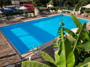 a large blue swimming pool with chairs and umbrellas at Residence Segattini in Riva del Garda