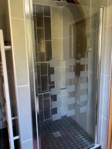 een douche met een glazen deur in de badkamer bij Appartement 14 couchages vallée du Grésivaudan in La Buissière
