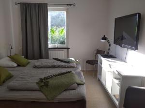 1 Schlafzimmer mit 2 Betten, einem TV und einem Fenster in der Unterkunft Laholms Vandrarhem in Laholm