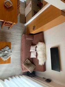 una sala de estar con una silla marrón en la pared en ABELLETES - K31 Deusol - Vall d'Incles - Soldeu, en Incles