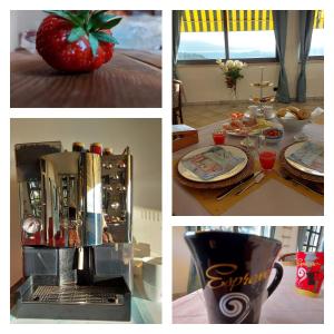 een collage van vier foto's van een koffiezetapparaat en een tafel met een tafel bij Villa Magnolia BB, Lago Maggiore (Massino Visconti, Italy) in Massino Visconti