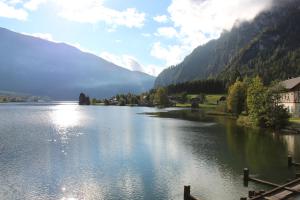 Blick auf einen See mit Bergen im Hintergrund in der Unterkunft Pan Haus Bad Goisern in Bad Goisern