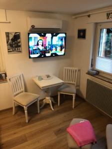 Chez Sven - Studio 'Le Petit' في Lohn-Ammannsegg: غرفة معيشة مع طاولة وتلفزيون على الحائط