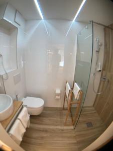 a bathroom with a glass shower and a toilet at Seehotel am Hallstättersee modern rooms in Obertraun