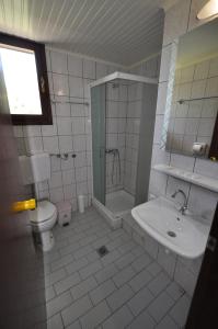 Un baño con inodoro, ducha y lavabo. en Pension Assos, en Koinira