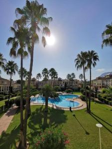 uma vista para uma piscina com palmeiras em Perfect family holiday! Modern penthouse in Dénia only 200 m to the beach! em Denia