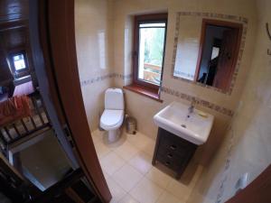 a bathroom with a toilet and a sink and a mirror at Domek Eve in Giżycko +7 photos