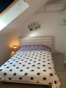 sypialnia z łóżkiem z czarnymi gwiazdami w obiekcie Les chambrées de Sergine w mieście Jonchery