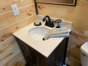 a bathroom with a sink in a tiny house at Chalet Village- Amazing Mountain Views - Piney Butt Place in Gatlinburg +50 photos