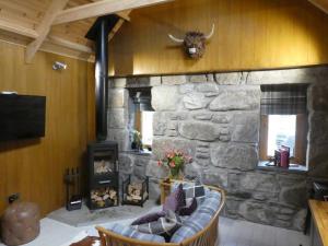 a living room with a stone fireplace and a couch at Wildcat Lodge in Boat of Garten