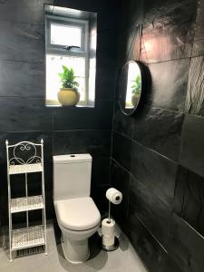 a black bathroom with a toilet and a window at The Costrel in Tenbury