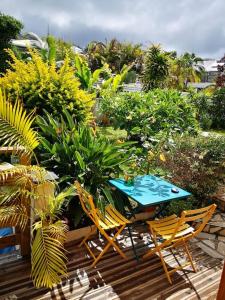 une table et des chaises sur une terrasse agrémentée de plantes dans l'établissement Le Myranoa, bungalow/tonneau, à Saint-Pierre