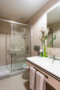 a bathroom with a sink and a shower and a toilet at Oran Hotel in Istanbul