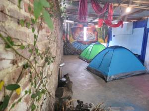 Habitación con 2 tiendas de campaña y pared de ladrillo en Hostel Mirador, en San Cristóbal de Las Casas