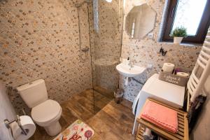 a bathroom with a toilet and a sink and a shower at Cracow Family House in Kraków +35 photos